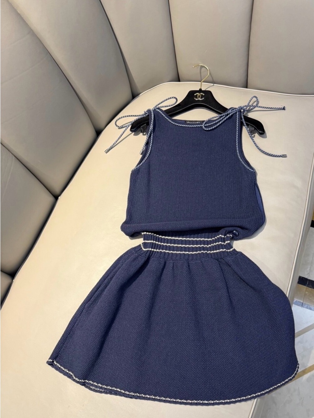 CHANEL Navy Knit Tie-Shoulder Tank & Skirt Set